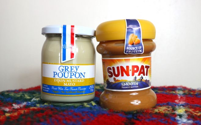 Grey Poupon vegan mustard mayo and sun-pat peanut butter